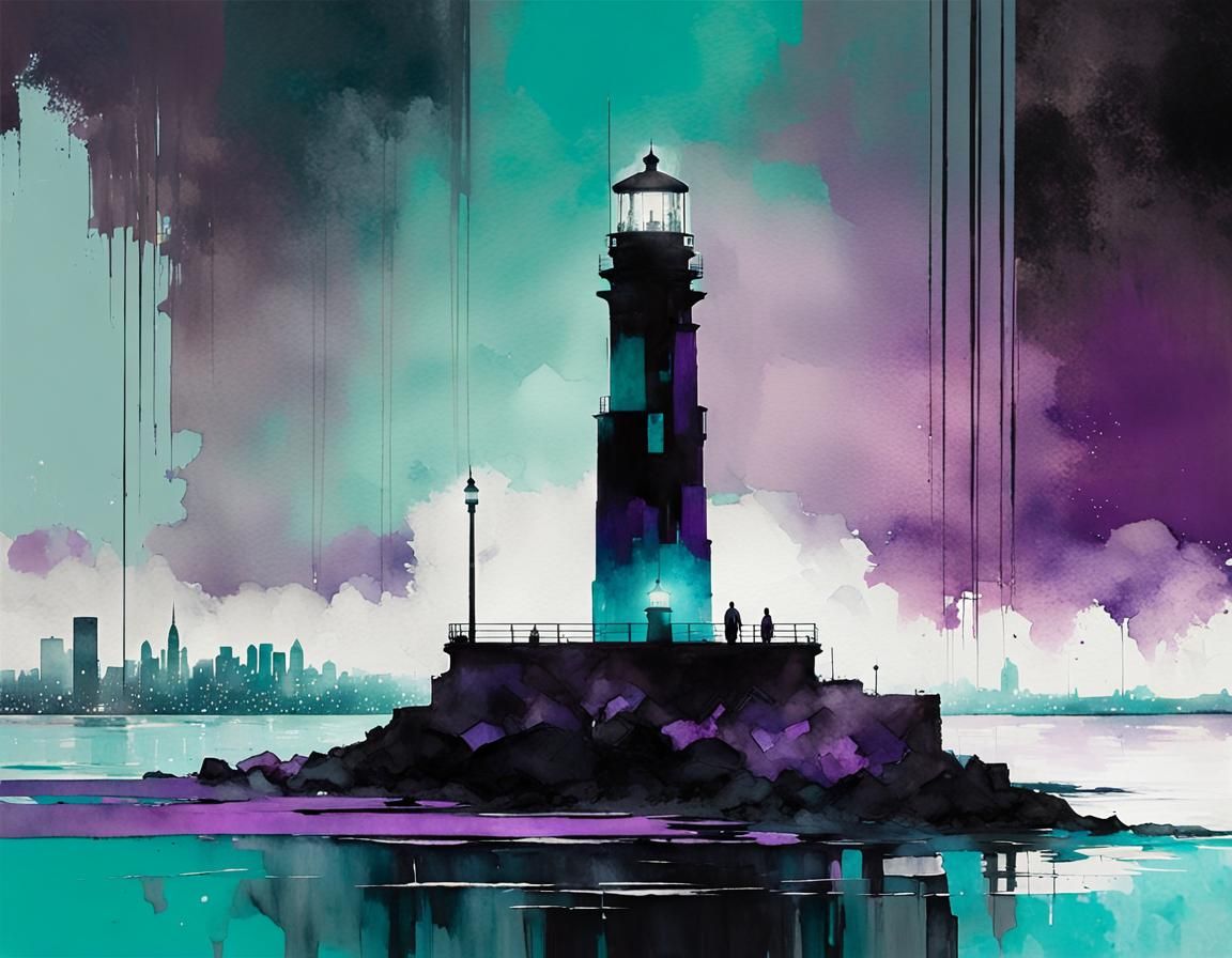 Lighthouse in Teal Purple and Black Poster Art
