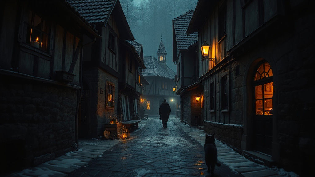 Medieval Village in Transylvania on a Dark Winter Night