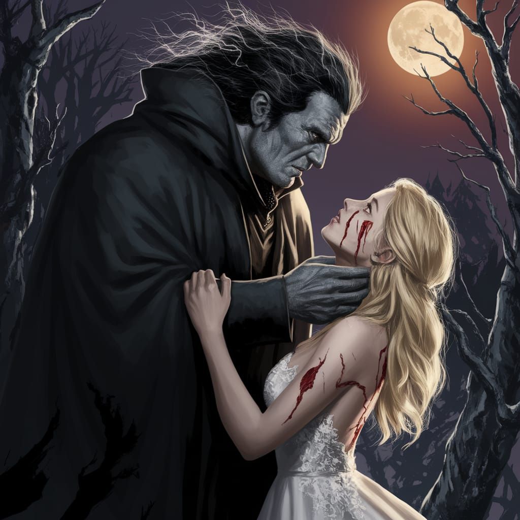Dark Warrior Confronts Blonde Woman in Moonlit Forest