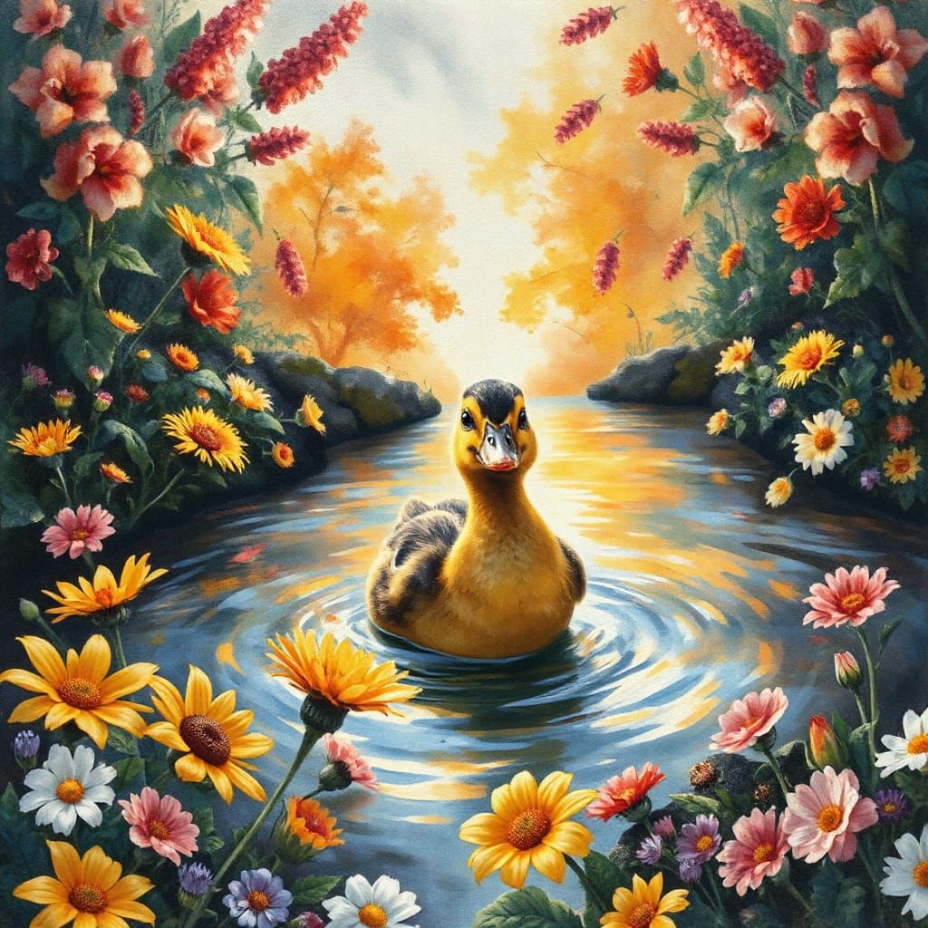 Vibrant Duckling in a Sunlit River Garden