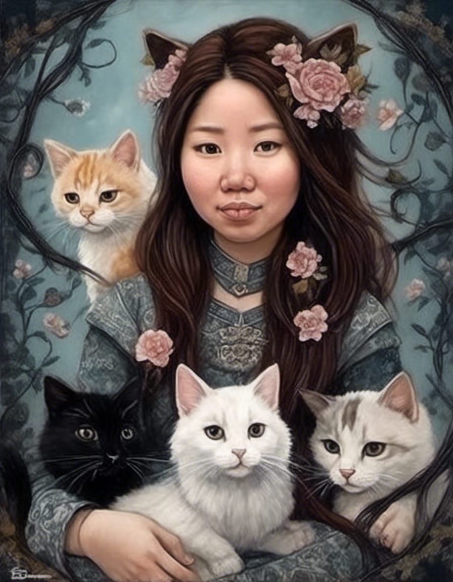 Asian Woman with Cats in Fairytale Illustration