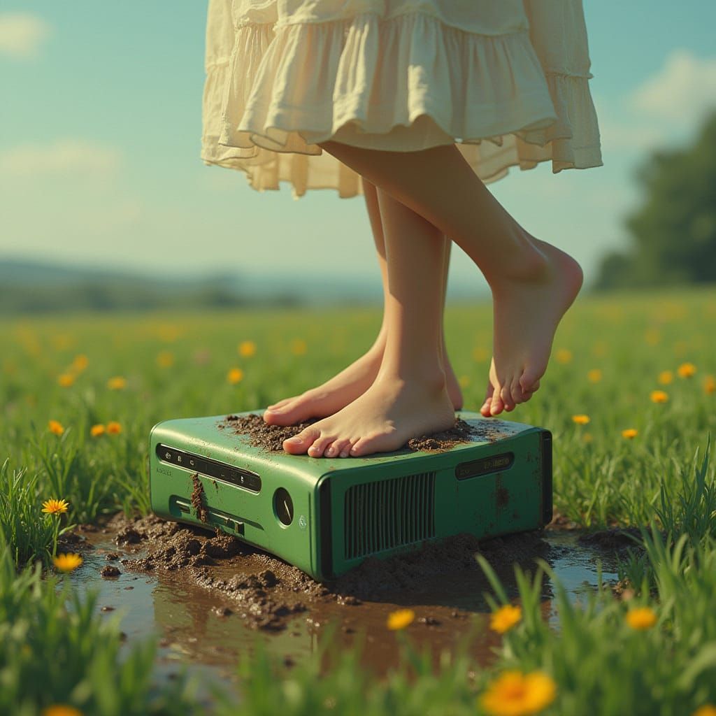 Woman Crushing Xbox in Lush Meadow, Digital Art