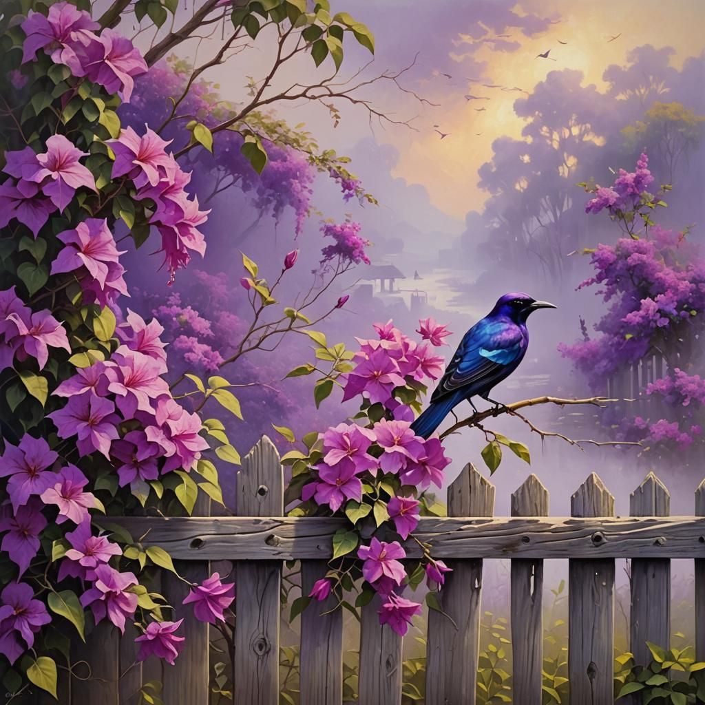 Bougainvillea and Starling: Antique Oil Painting on Canvas