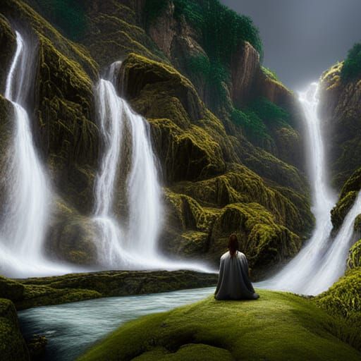 Jesus at Waterfall: Detailed Matte Painting