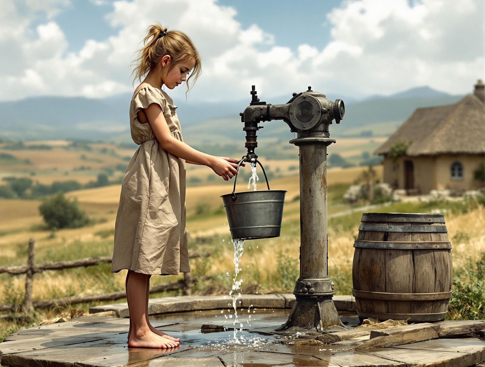 Young Girl Standing on Wooden Platform in Rustic Rural Lands...
