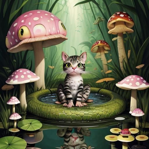 Surreal Kitten-Frog Hybrid in a Snake's Mouth