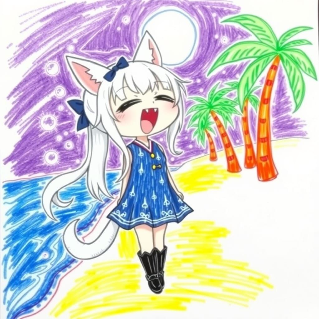 Childlike Crayon Drawing of Anime Catgirl Yawning