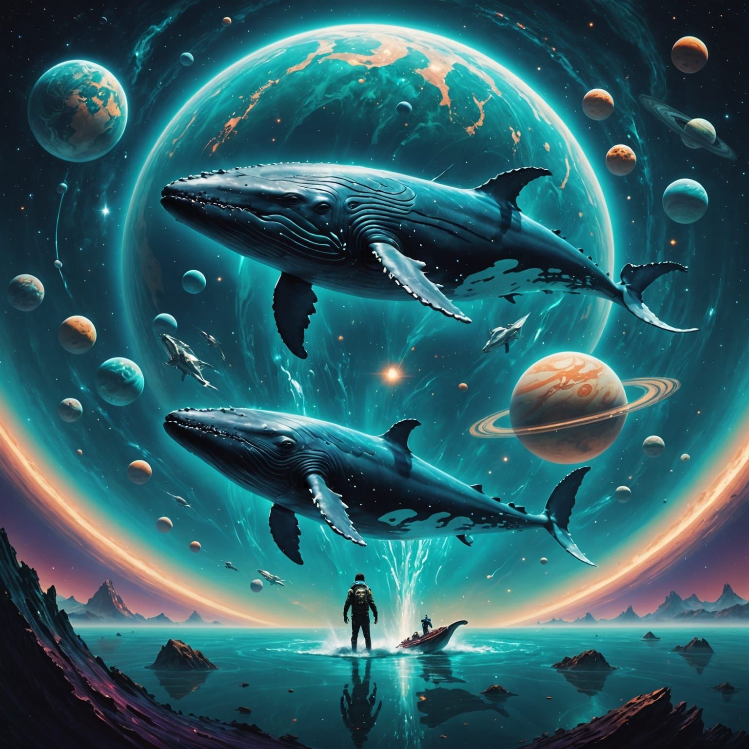 Teal Whale Transforms into Winged Human in Cosmic Scene