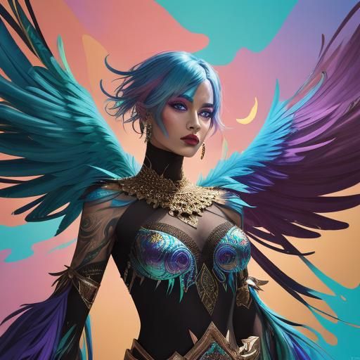 Metallic Woman with Feathers in Abstract Expressionism