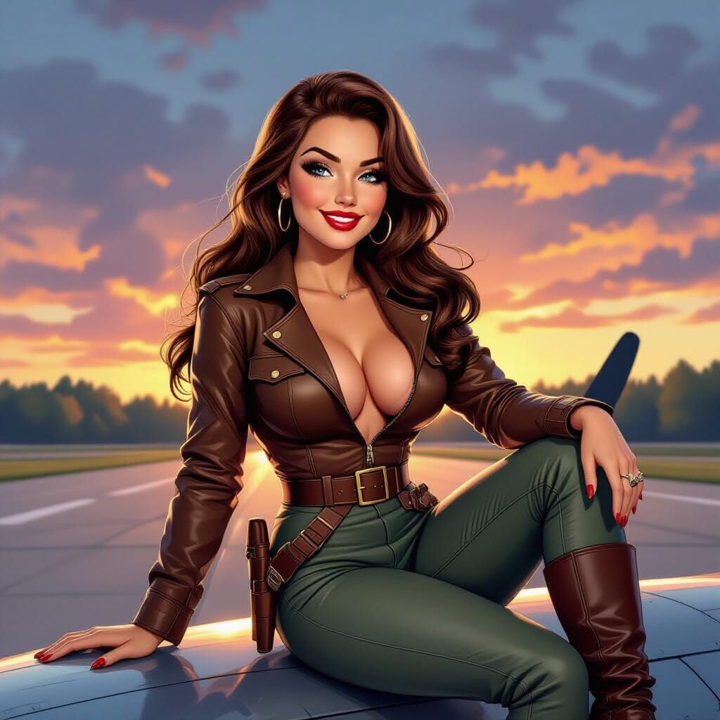WW2 Pinup Pilot Flirts at Sunset