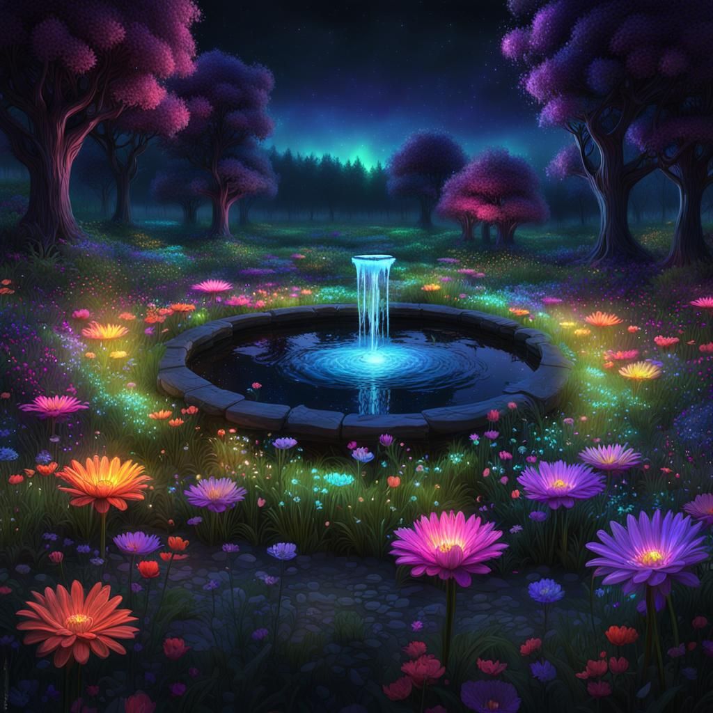 Neon Forest Garden with Iridescent Pool, Digital Art