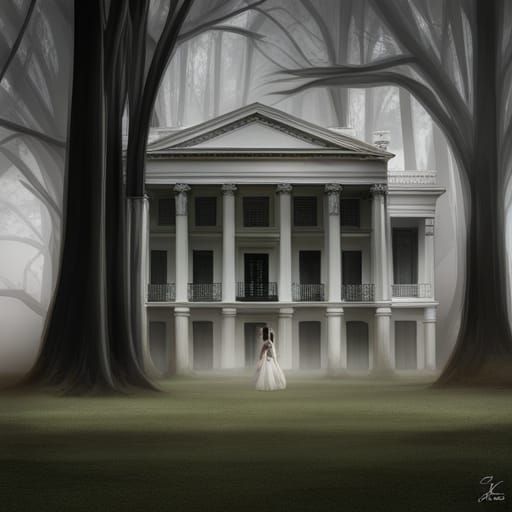 An abandoned white southern antebellum mansion with pillars surrounded by cypress trees and fog in Louisiana. A ghostly ...