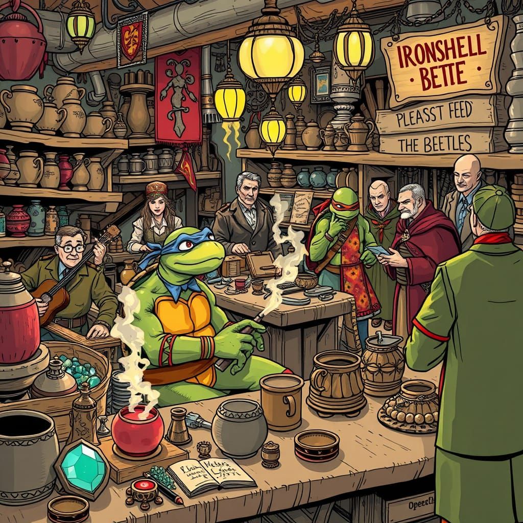 Ninja Turtle Man in Gaudy Guild Shop, Surrounded by Gemstone...