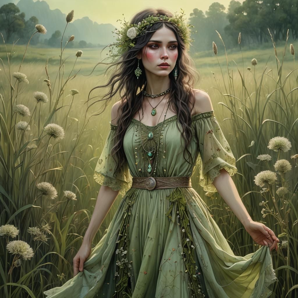 Happy Gypsy Woman Amidst Oversized Grass: Whimsical Comic Ar...