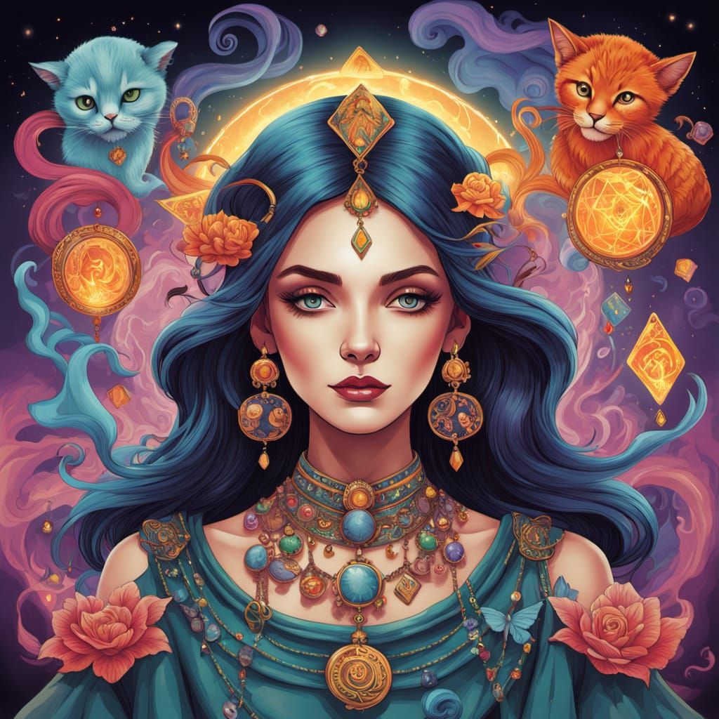 Whimsical Tarot Reader Caricature with Mystical Tarot Cards