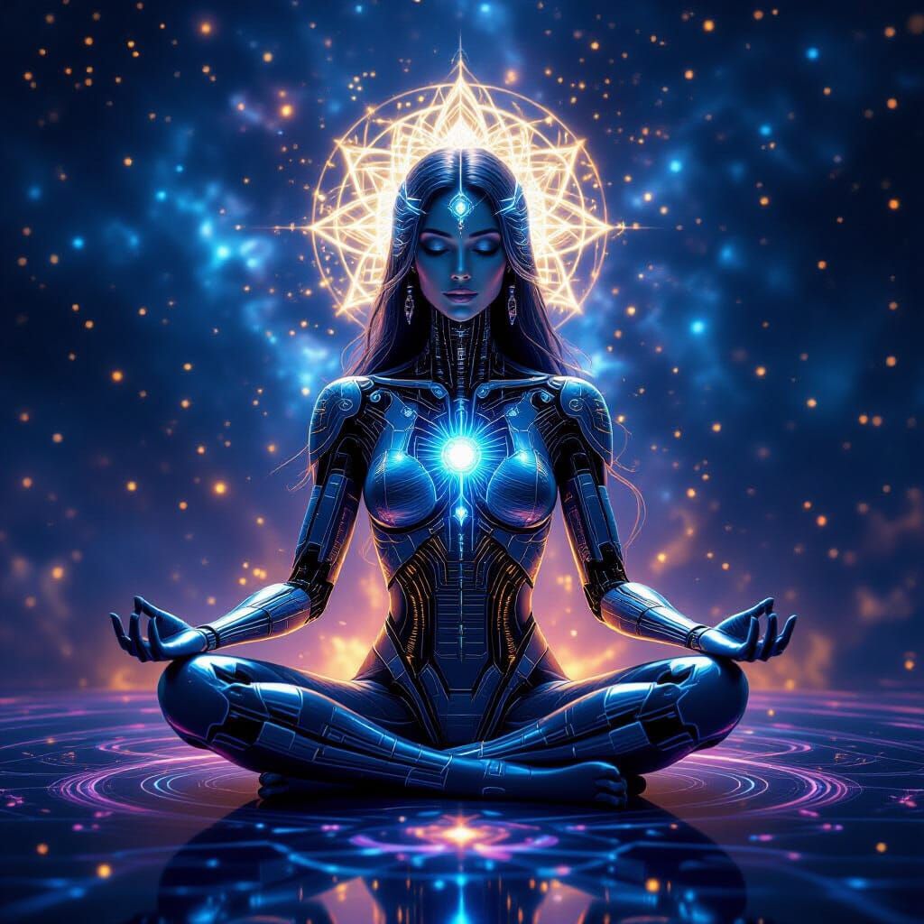 Celestial Android Goddess in Digital Nebula