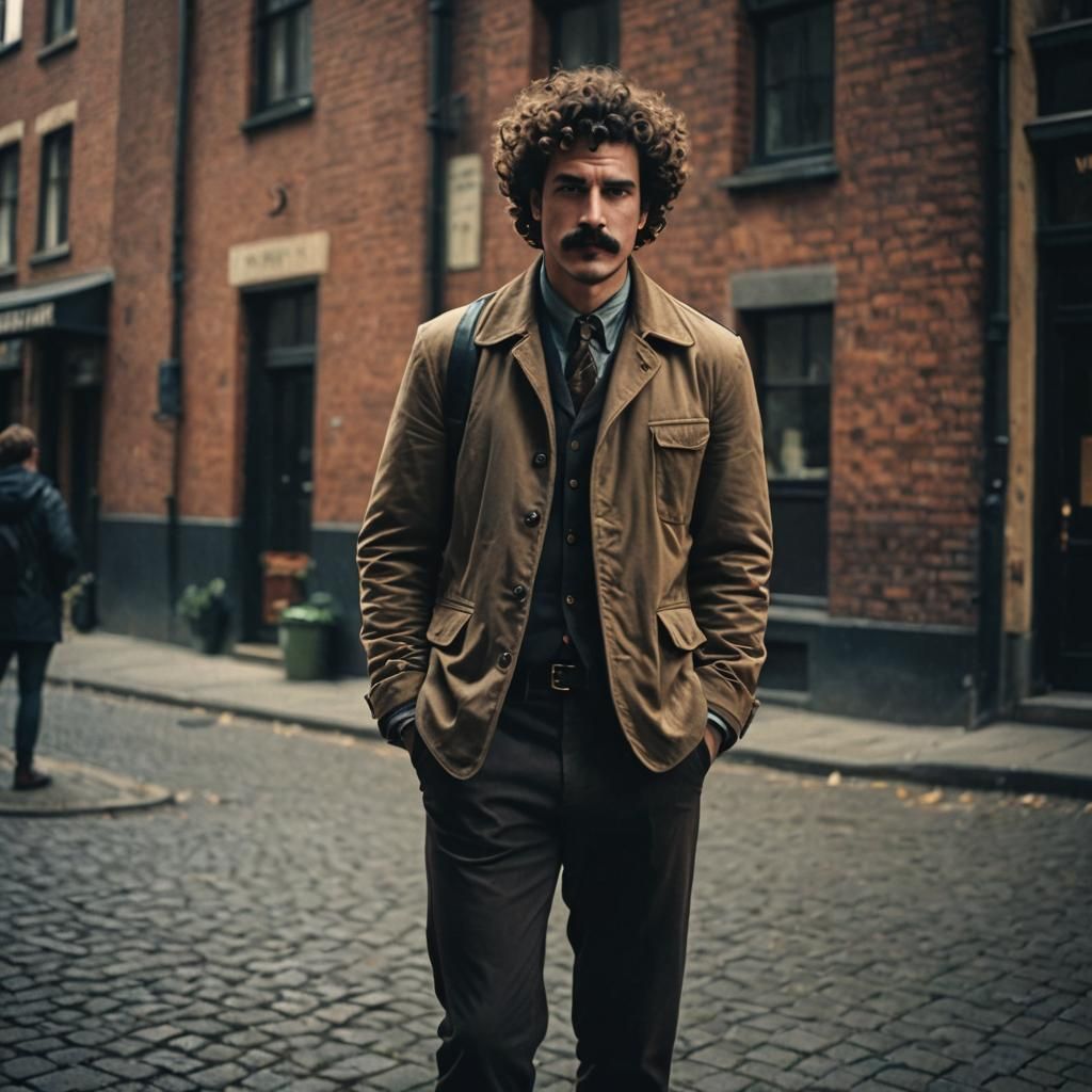 Cinematic Film Still of a Young Man with Moustache