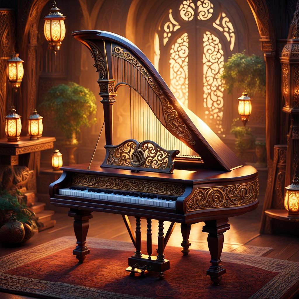 Ornate Elven Harp in Mystical Tavern