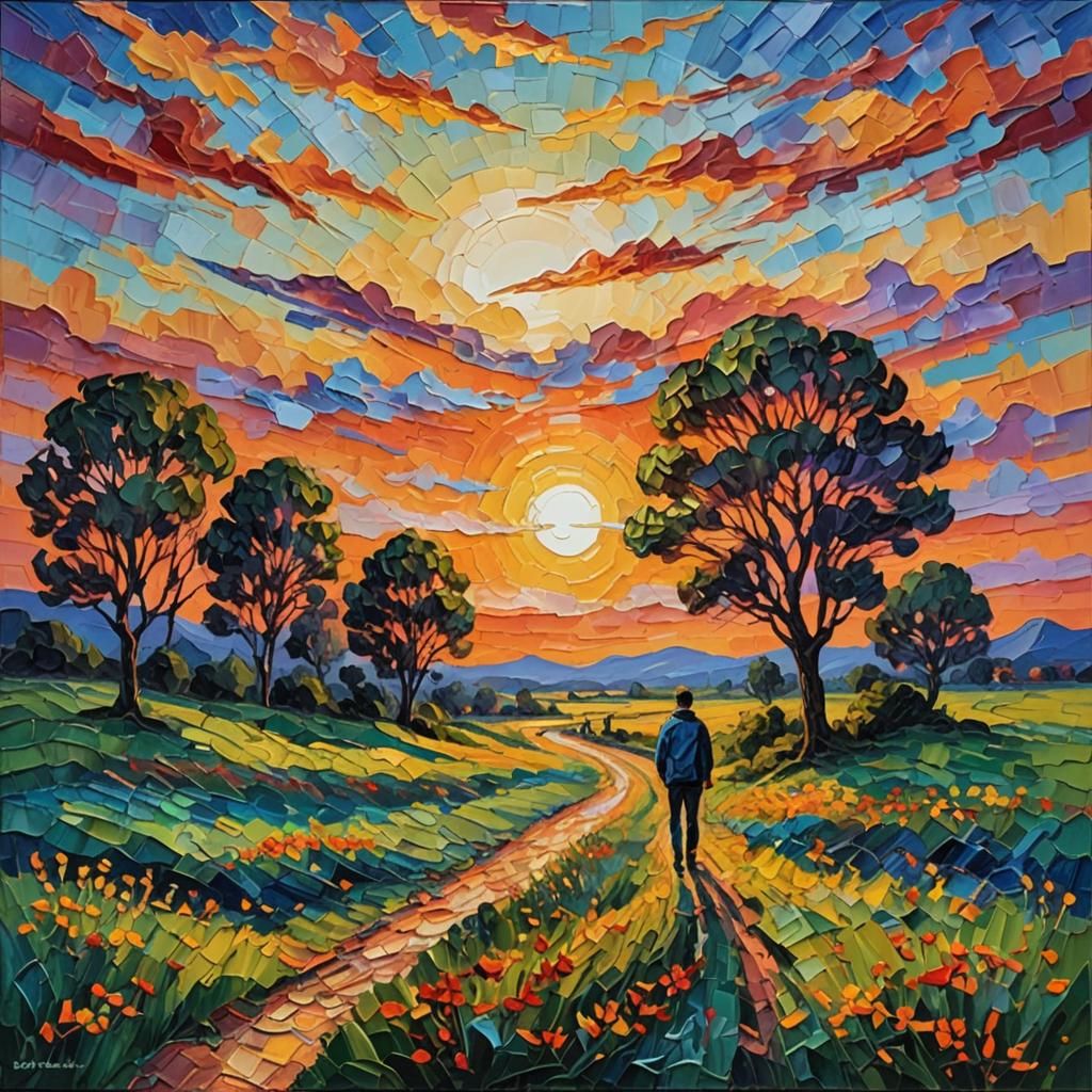 Neo-Impressionist Sunset Oil Painting
