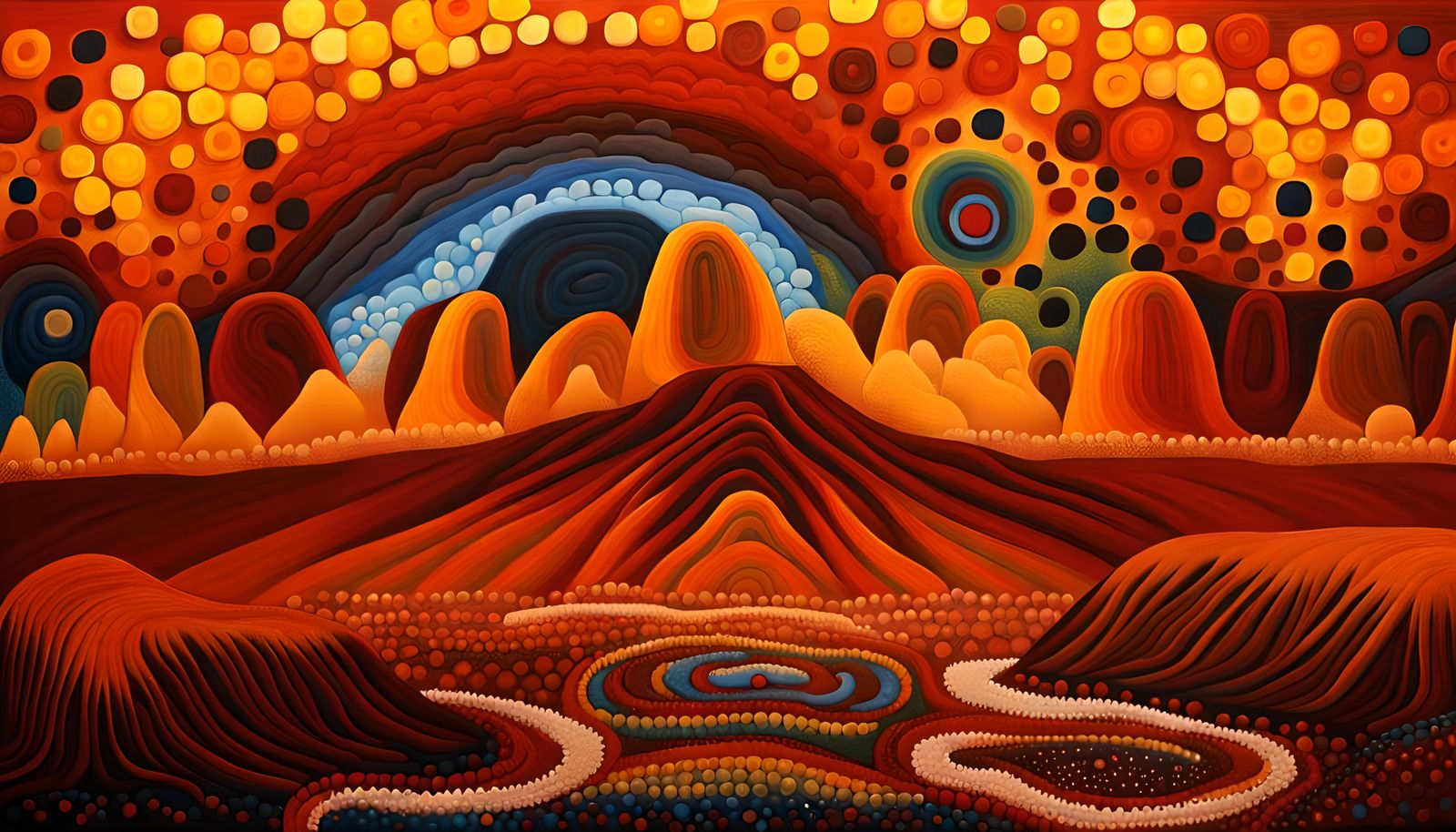 Dreamtime Faces over Uluru in Impasto Oil Style