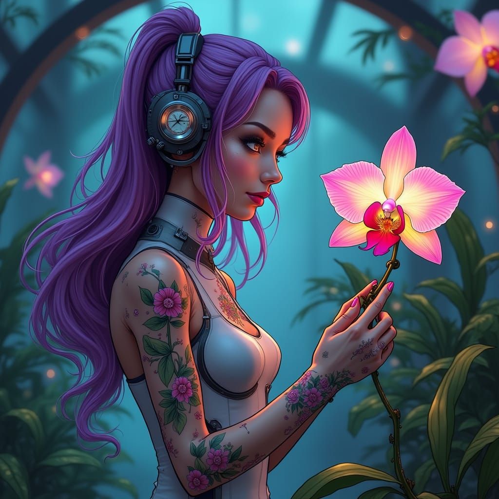 Android Botanist Pruning Orchid in Sci-Fi Greenhouse
