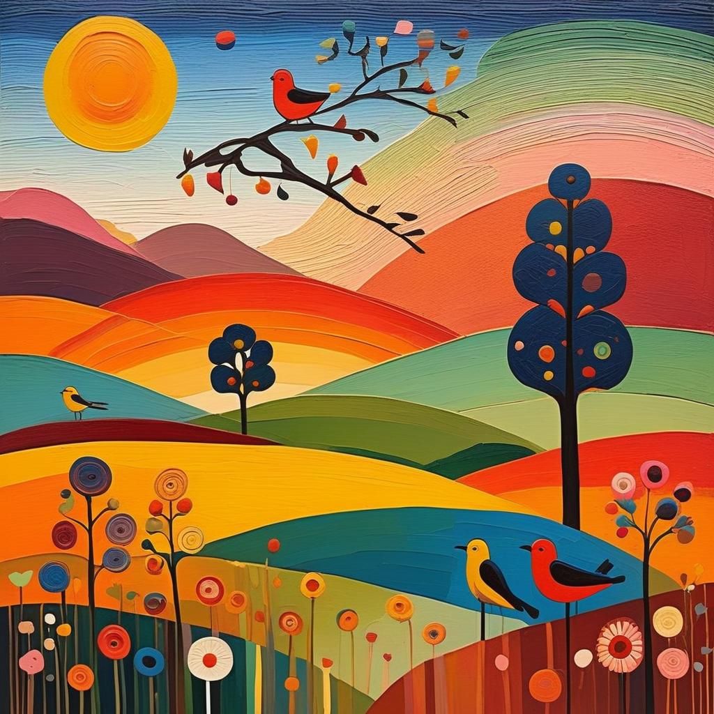 Folk Art Rainbow Landscape with Abstract Elements