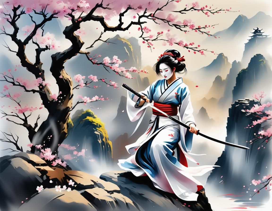 Geisha Martial Arts with Katana in Calligraphy Style