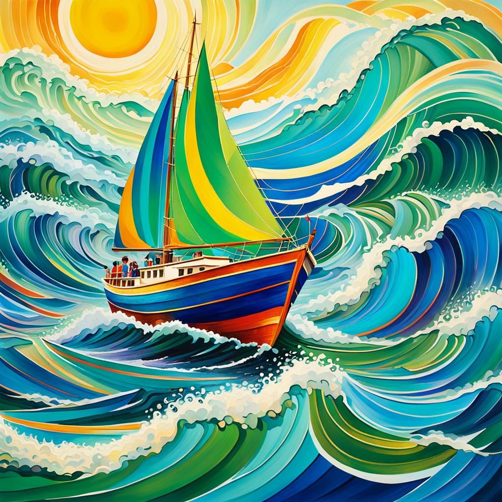 Colorful Boat Sails a Turbulent Sea