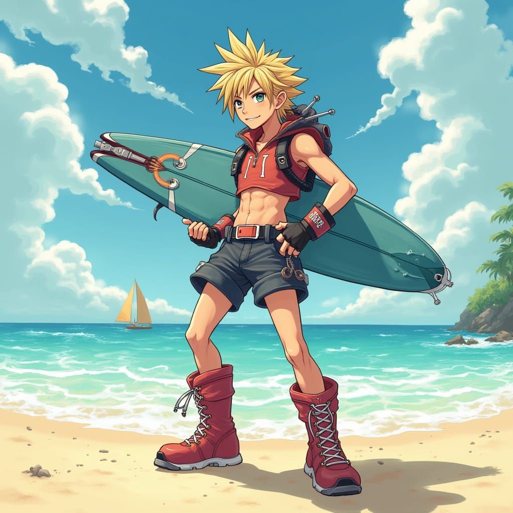 Heroic Cloud Strife in Vibrant Surf Costume
