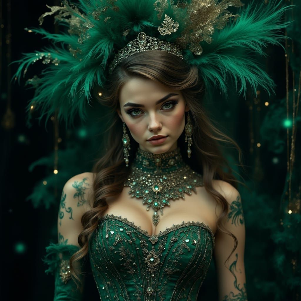 Emerald Showgirl Costume with Feathers and Gems