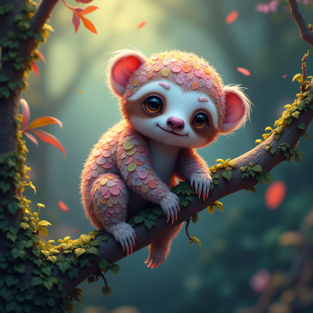 Whimsical Sloth Baby in Mystical Forest