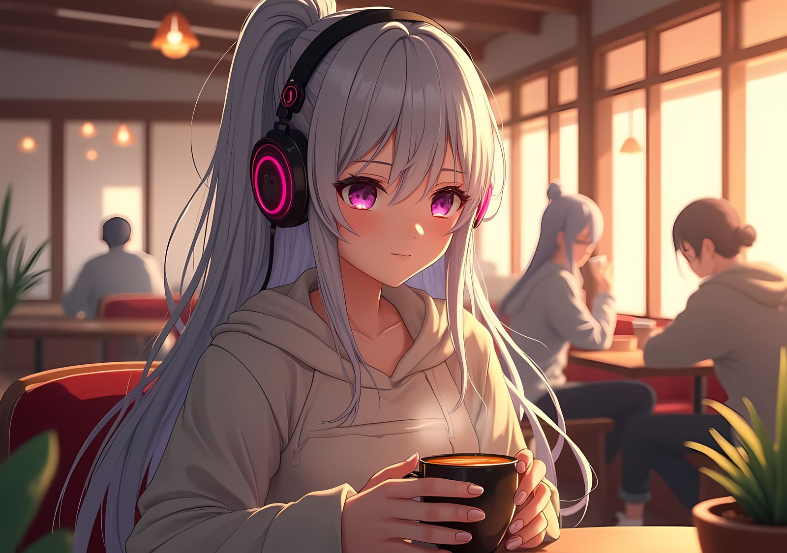 Anime Woman in Cozy Café with Coffee