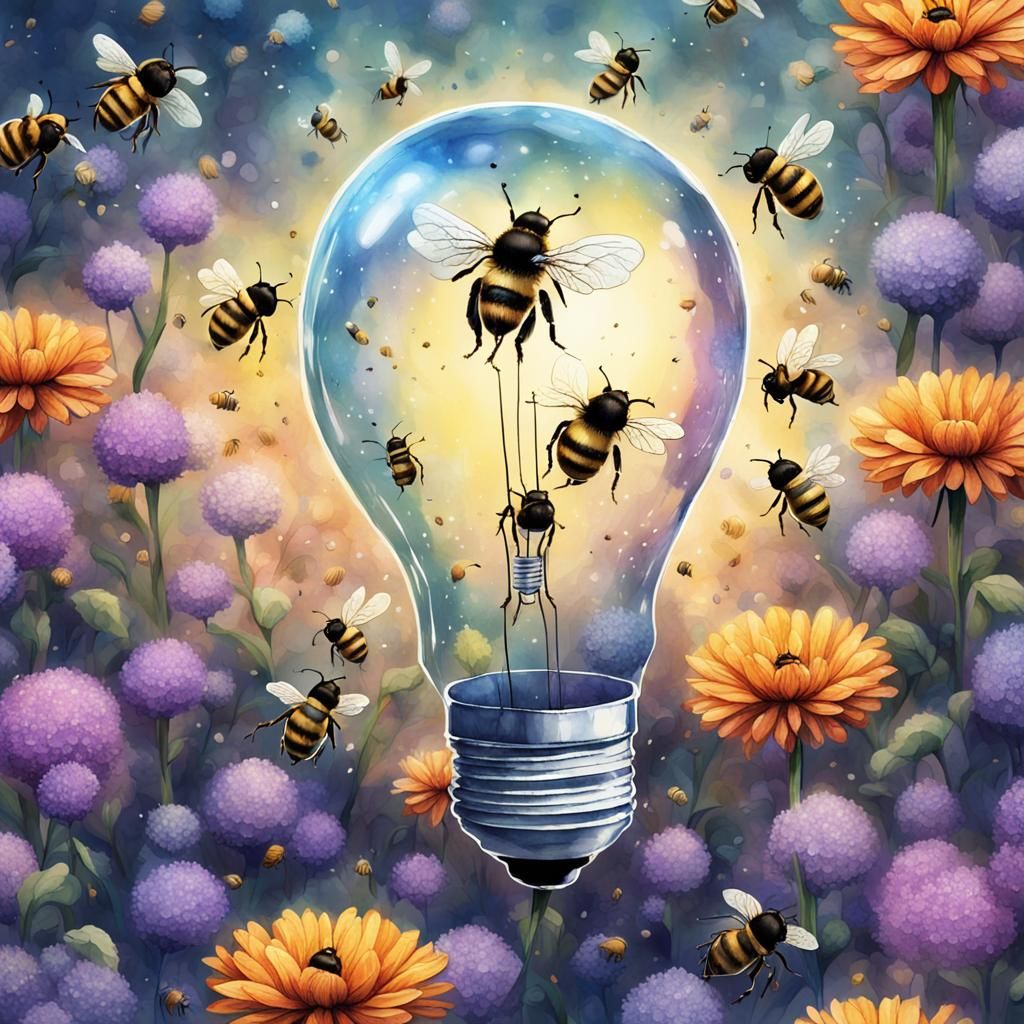 Bees and Flowers in Lightbulb, Watercolor Digital Art
