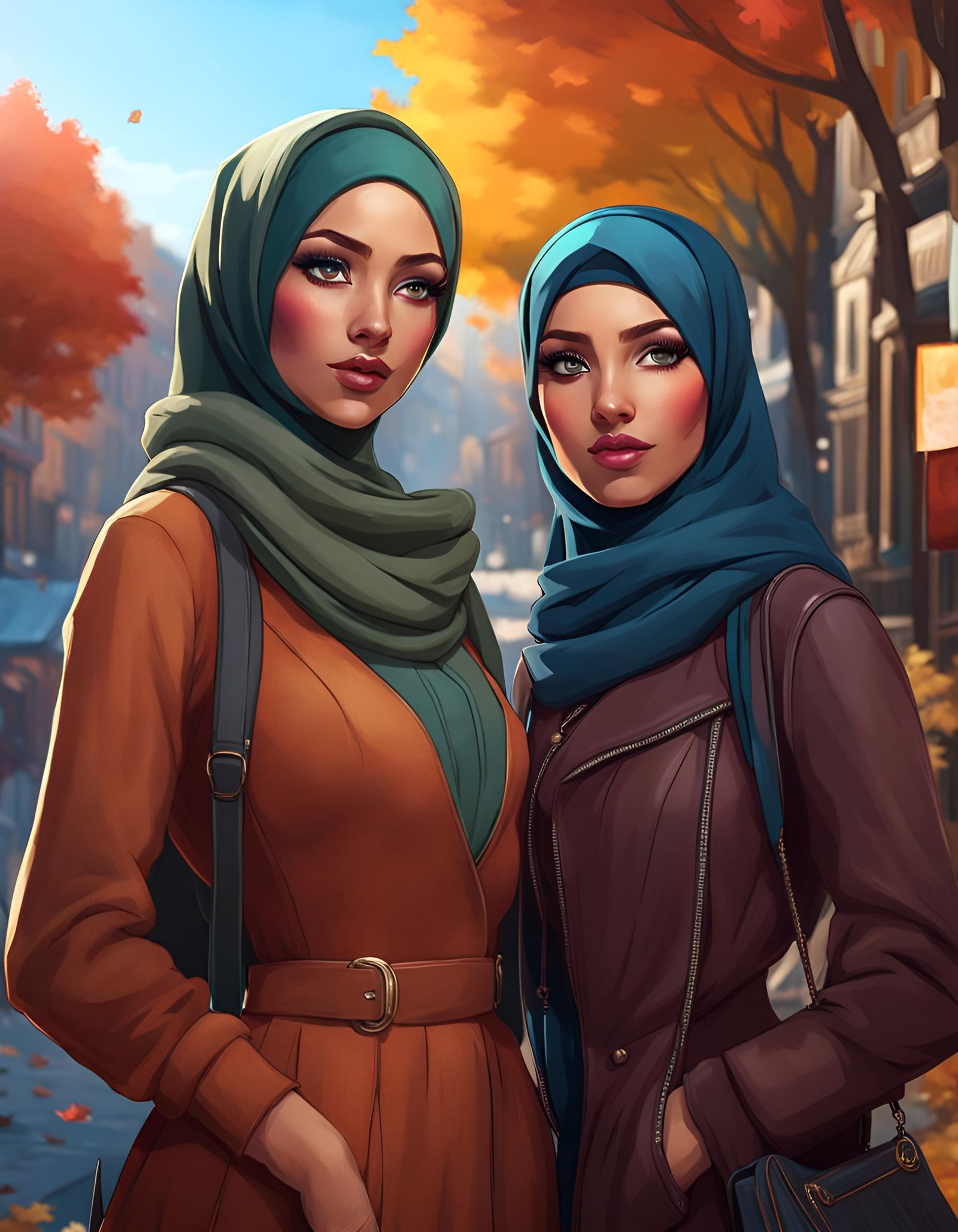 Two Cute Hijabi Women Exploring Autumn City