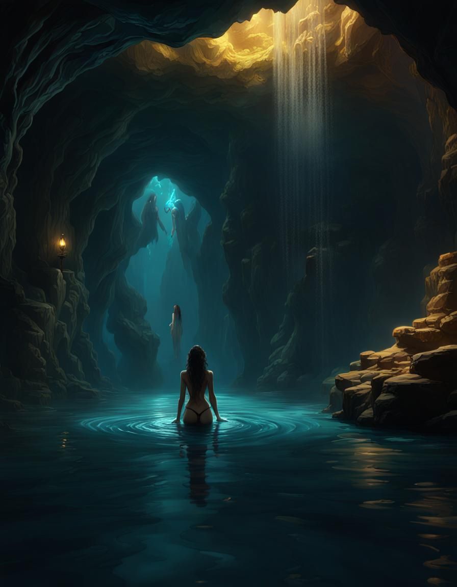 Siren Drowning Man in Cave: Dark Fantasy Art