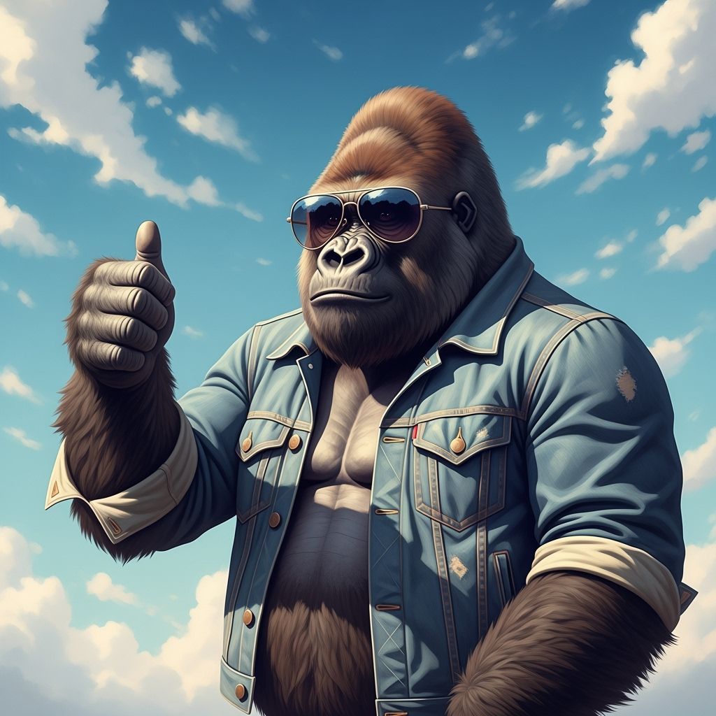 Colossal Gorilla Gives Thumbs Up in Conceptual Art Style