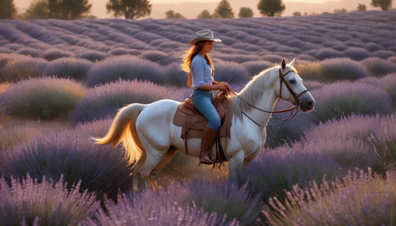 Cowgirl Rides Horse in Lavender Field Oil Painting