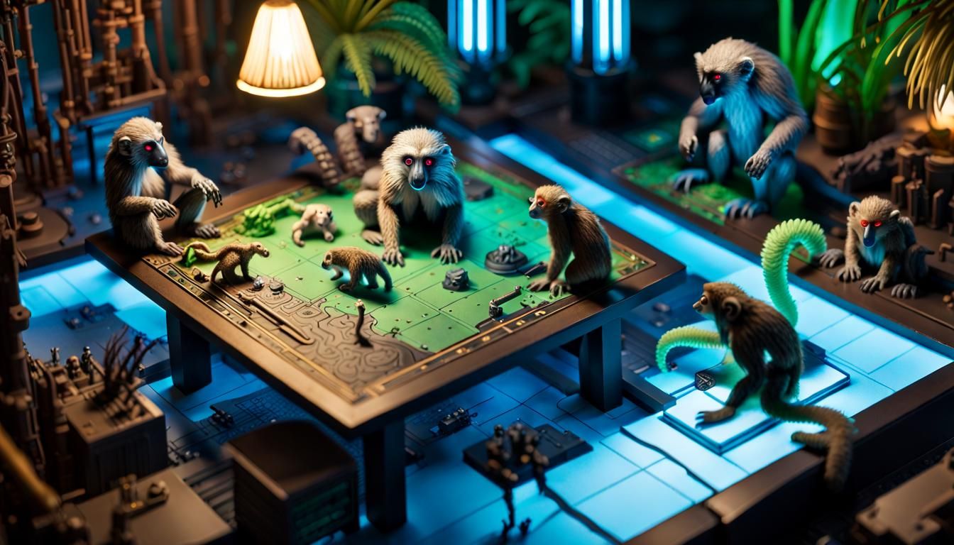 Intricate Wargaming Scene with Animals in Sci-Fi Setting
