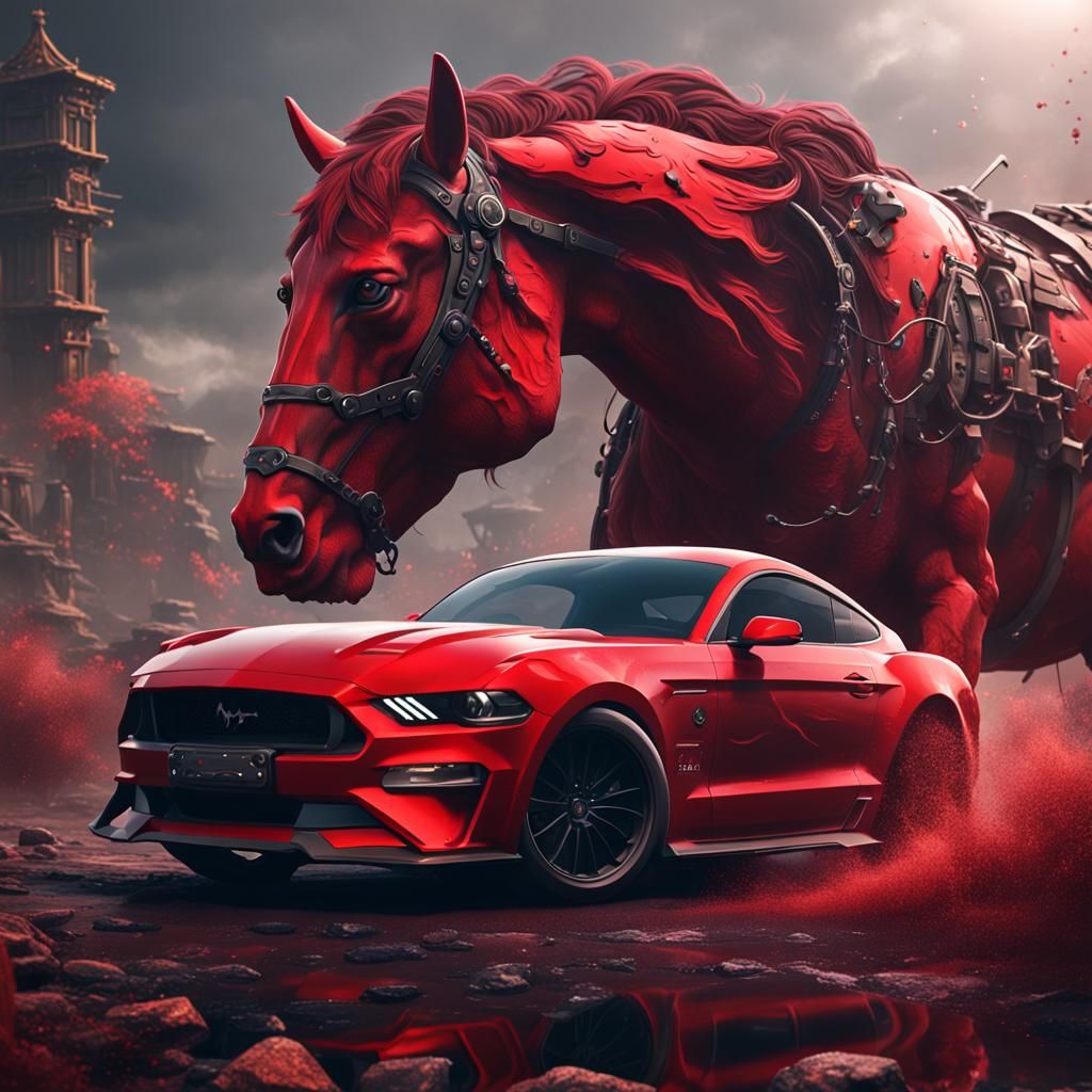 Detailed Red Mustang Fantasy Concept Art