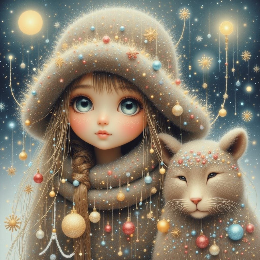 Folk Art Girl in Enchanted Winter Landscape