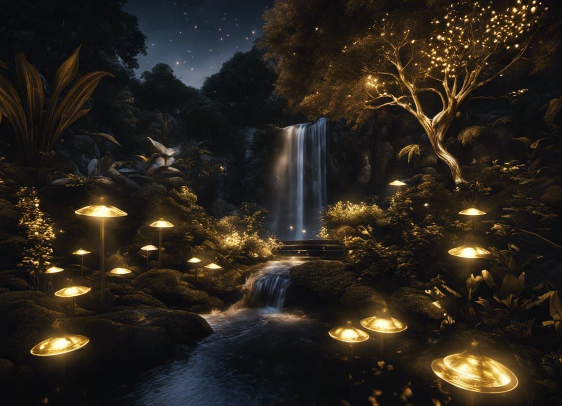 Dark Enchanted Garden Waterfall with Fairy Lights