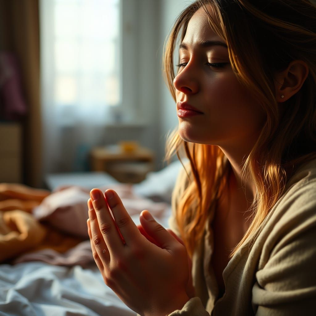 Woman Kneeling in Prayer, Eyes Closed, Soft Light