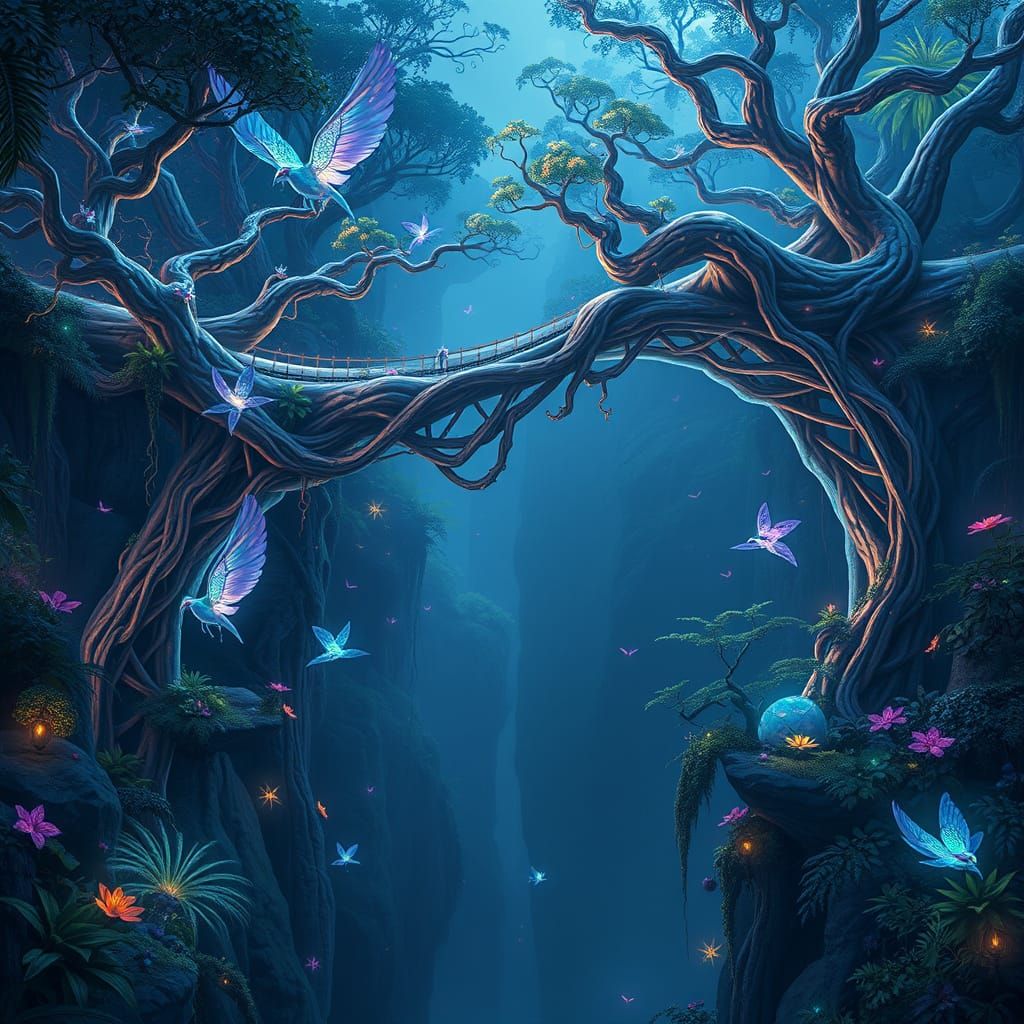 Luminous Jungle Bridge in Iridescent Splendor