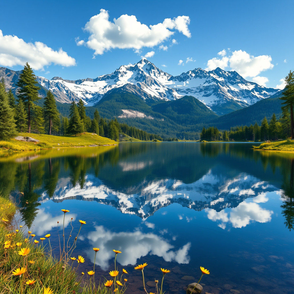Tranquil Alpine Lake Mirrored in Fantasy Landscape