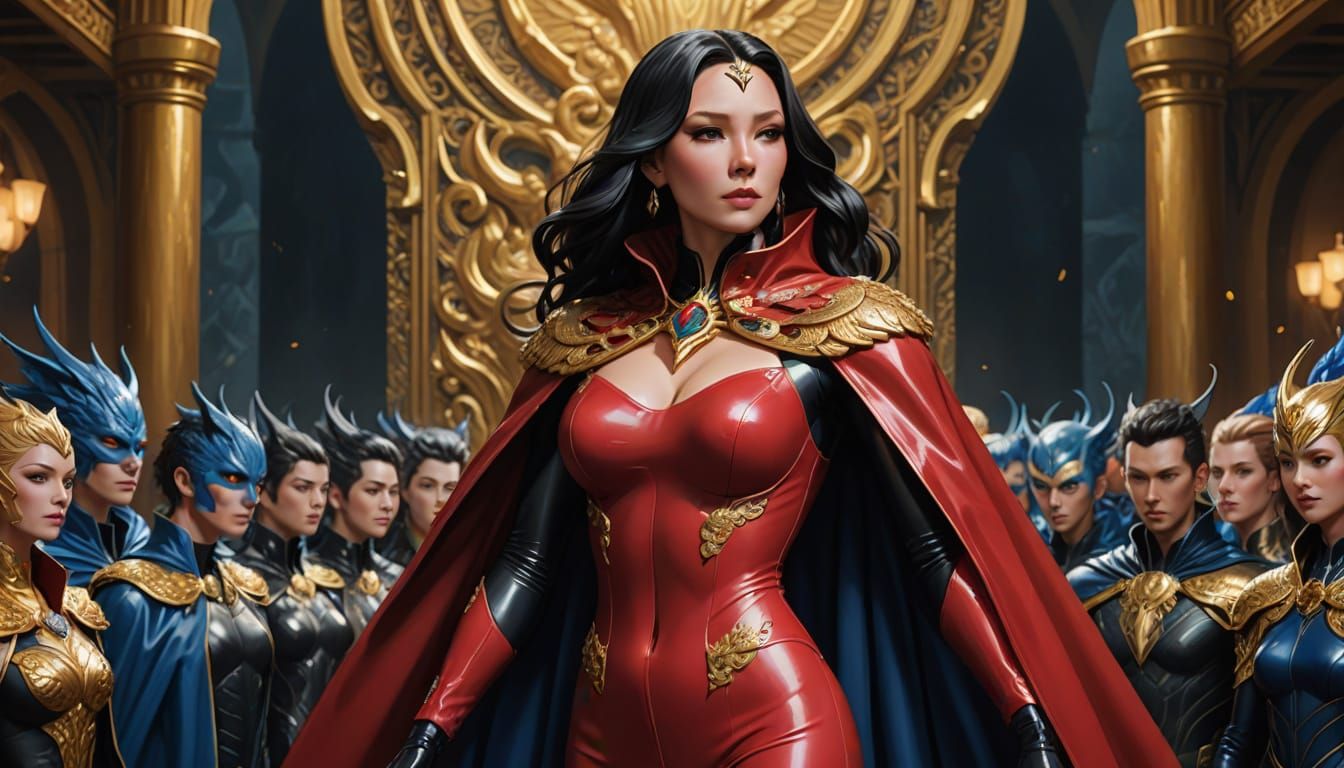 Anime-Inspired Boa Hancock in Regal Latex Catsuit, Surrounde...