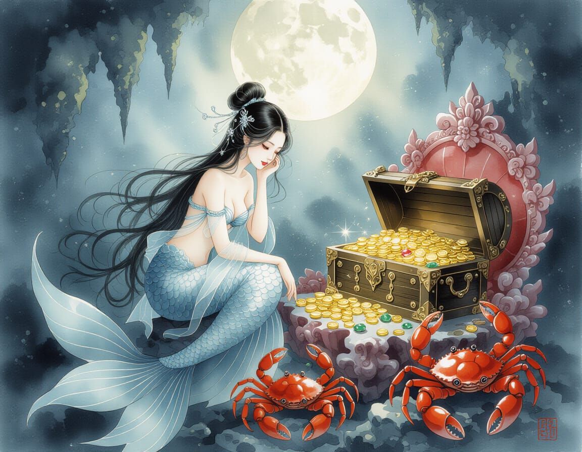 Solitary Mermaid on Coral Throne: Chinese Ink