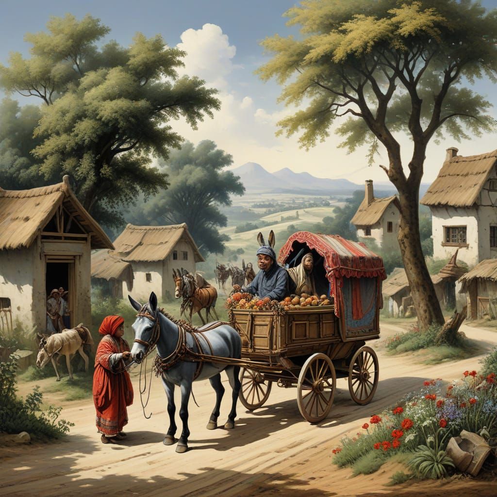 Donkey and Gypsies Along a Paved Road