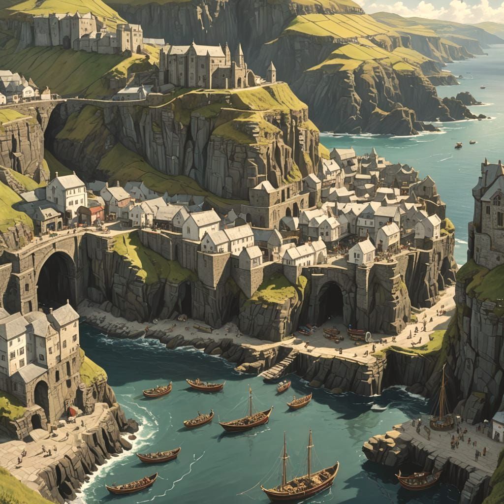 Cornwall Port City in Arthurian Times: Anime Painting