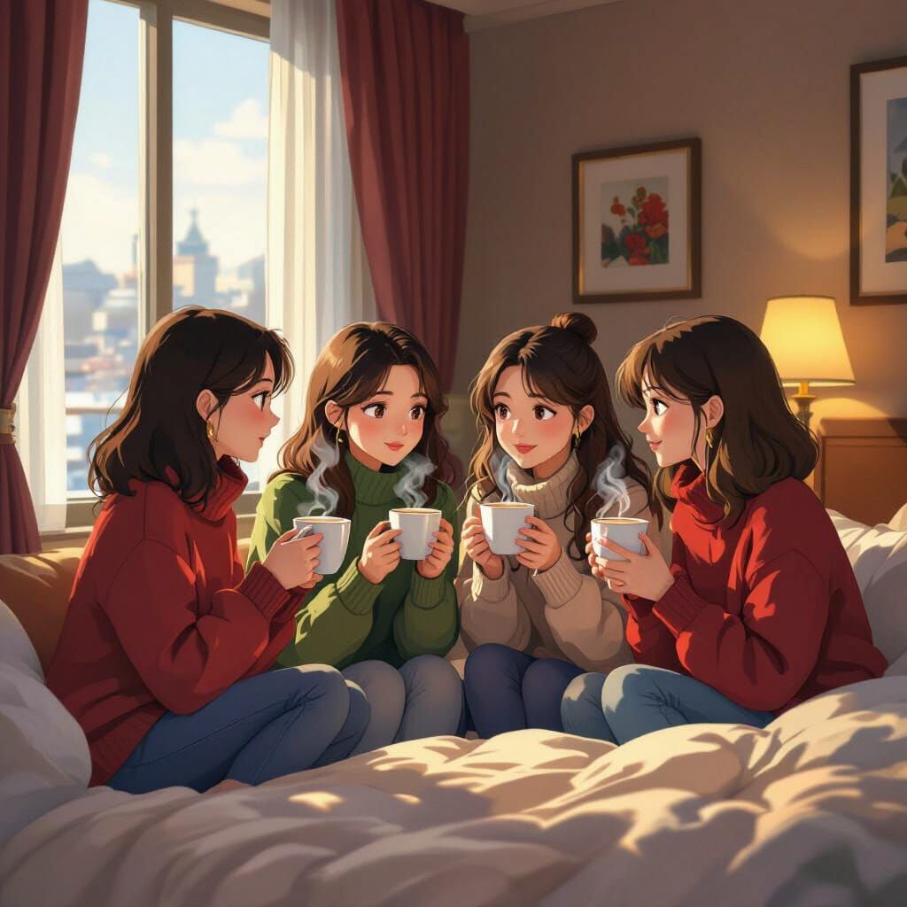 Cozy Hotel Scene: Friends Enjoying Hot Cocoa in Anime Style