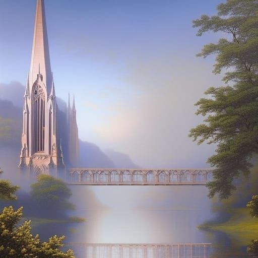 Cathedral Interior with Stained Glass in Kinkade Style